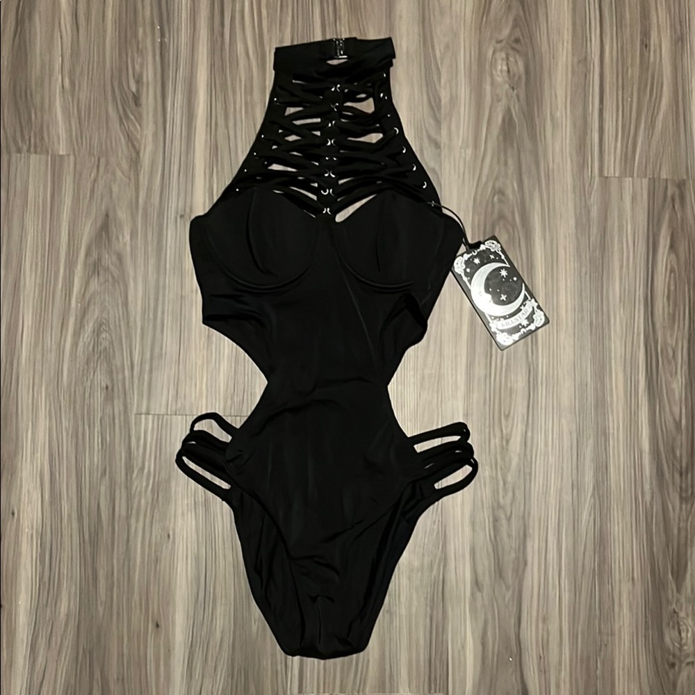 Black Lace-Up High Neck One-Piece Swimsuit - Women Swim